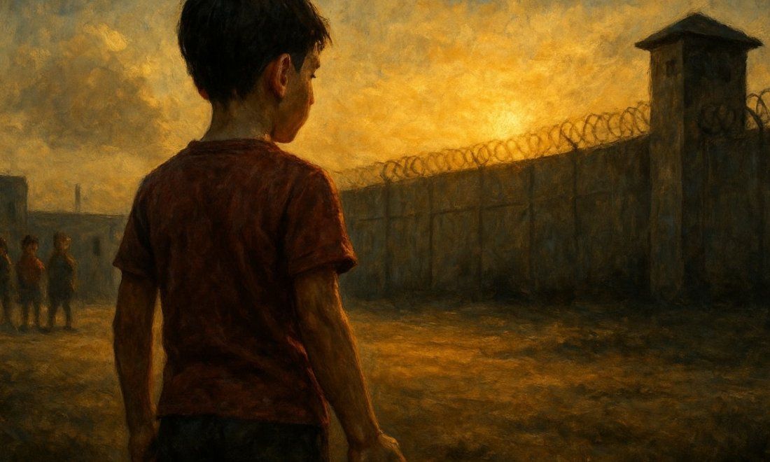 Imagen estilo pintura óleo. Niño frente a una prisión.