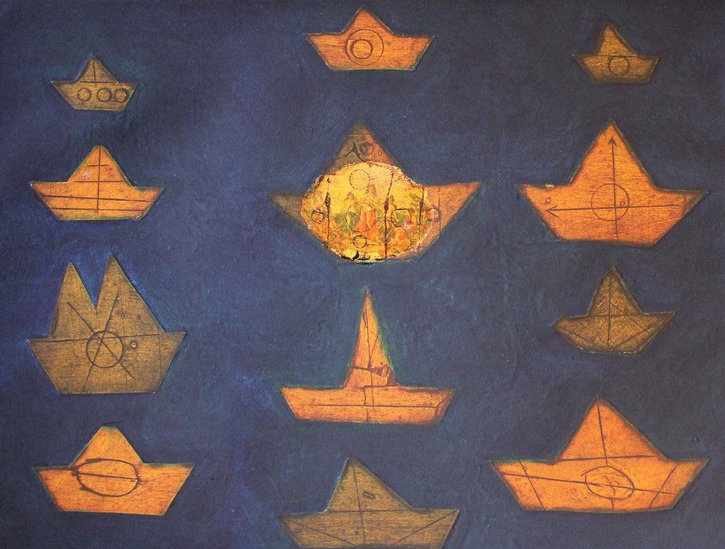 "Barquitos de papel", colagrafía de Eduardo Roca "Choco".