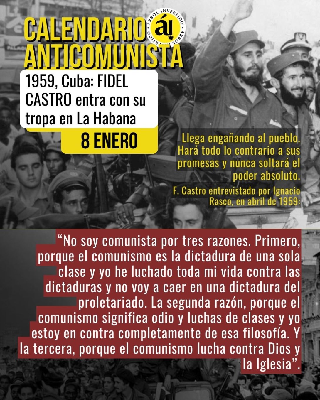 Postal Calendario anticomunista. Enero. Fidel entra en la Habana