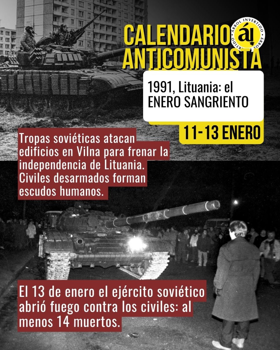 Postal Calendario anticomunista. Enero. Lituania, enero sangriento