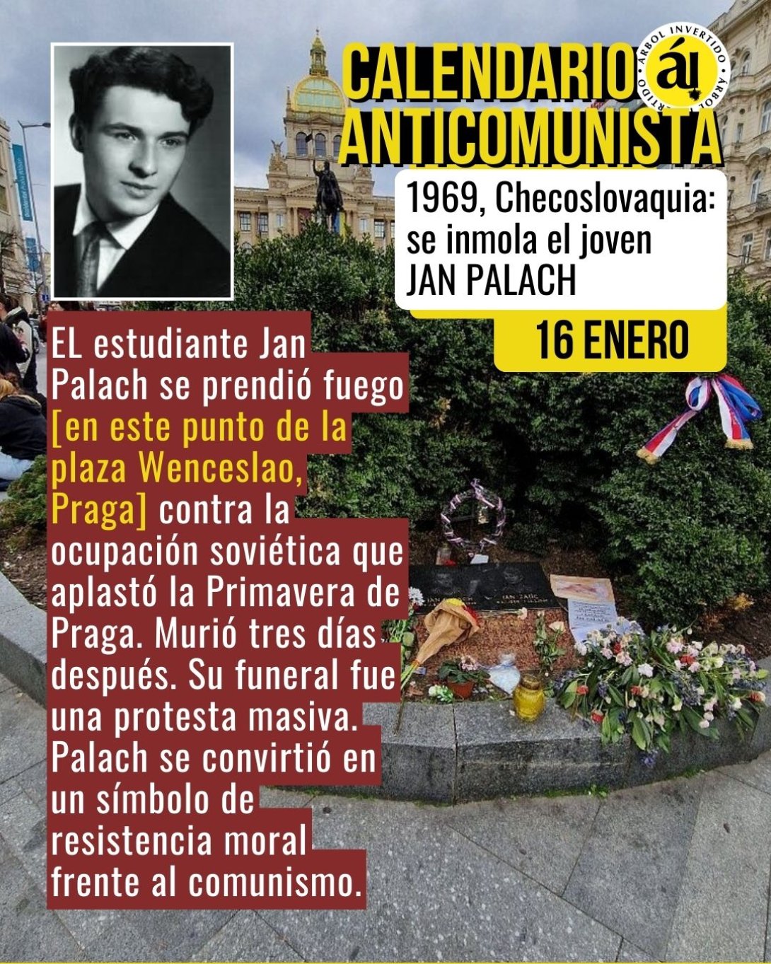 Postal Calendario anticomunista. Enero. Jan Pach se inmola en Praga