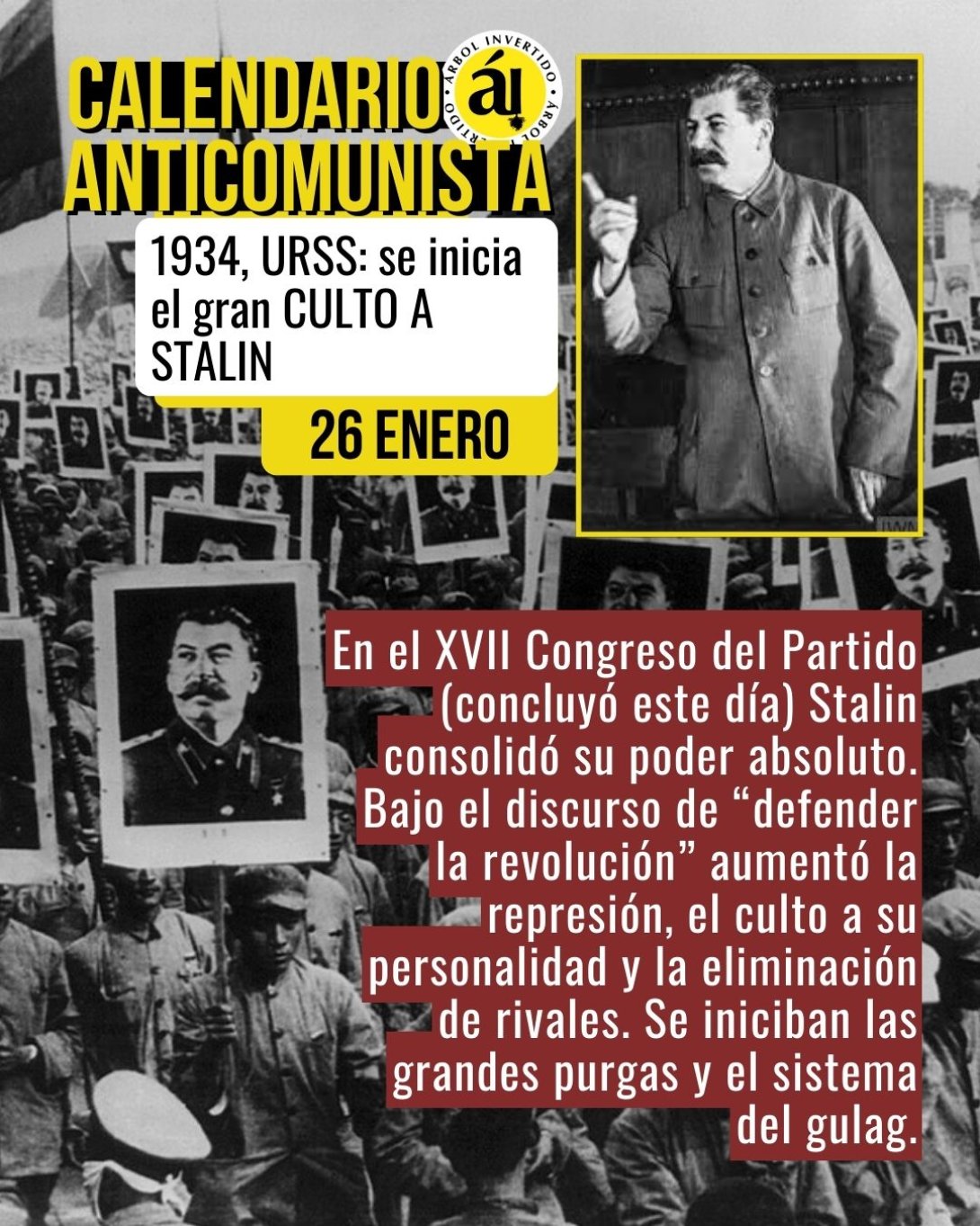 Postal Calendario anticomunista. Enero. Culto a Stalin