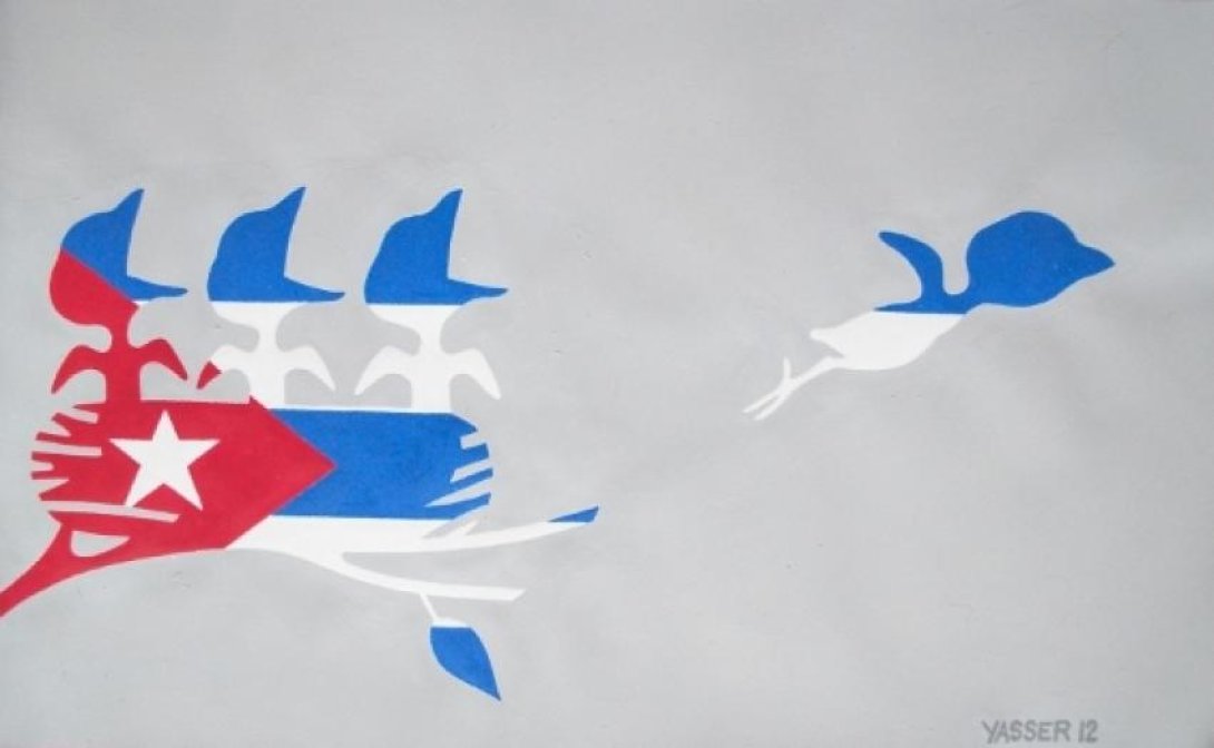 Bandera cubana hecha un nido. Obra de Yasser Castellanos