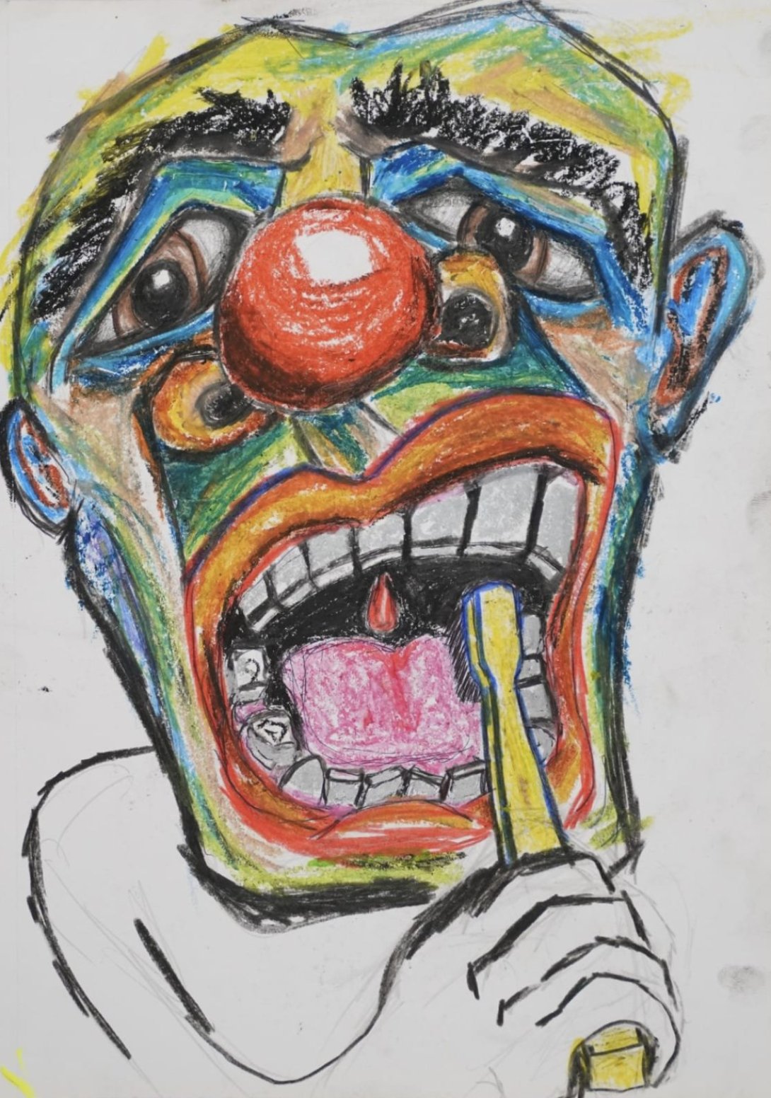 De la serie "Payasos", s/t, 2021. Tinta, grafito y crayola sobre papel. 