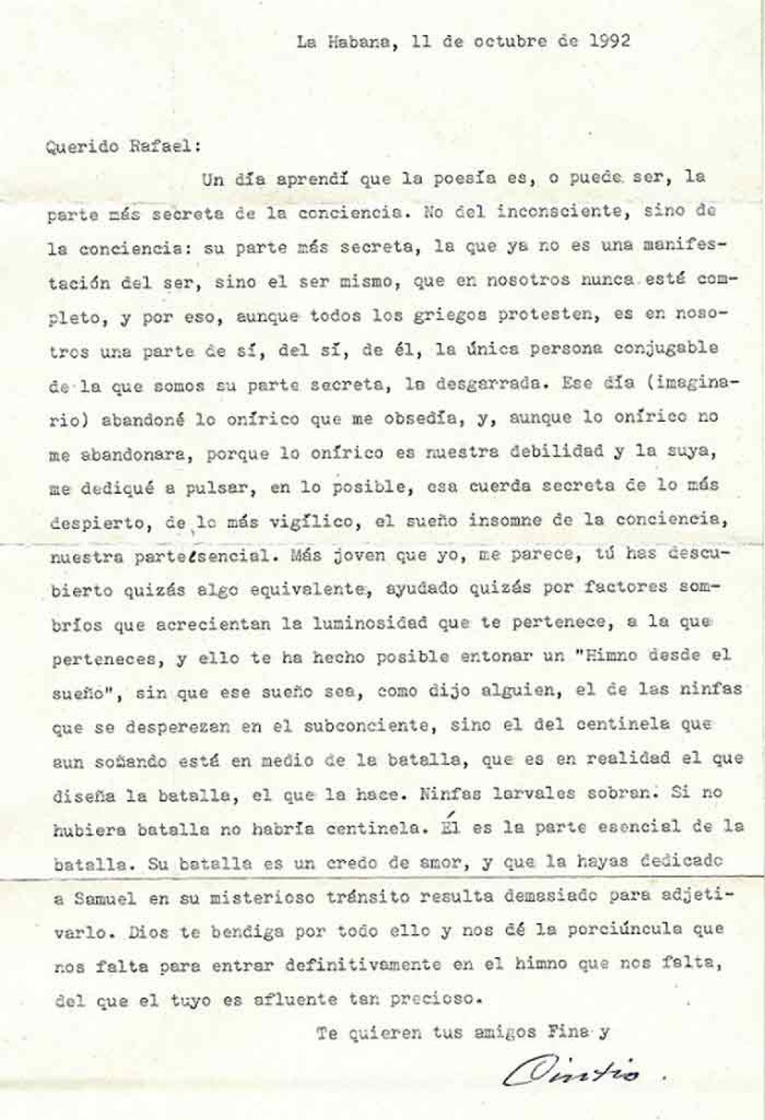 Mecanuscrito, carta de Fina y Cintio, en los archivos de Rafael Almanza