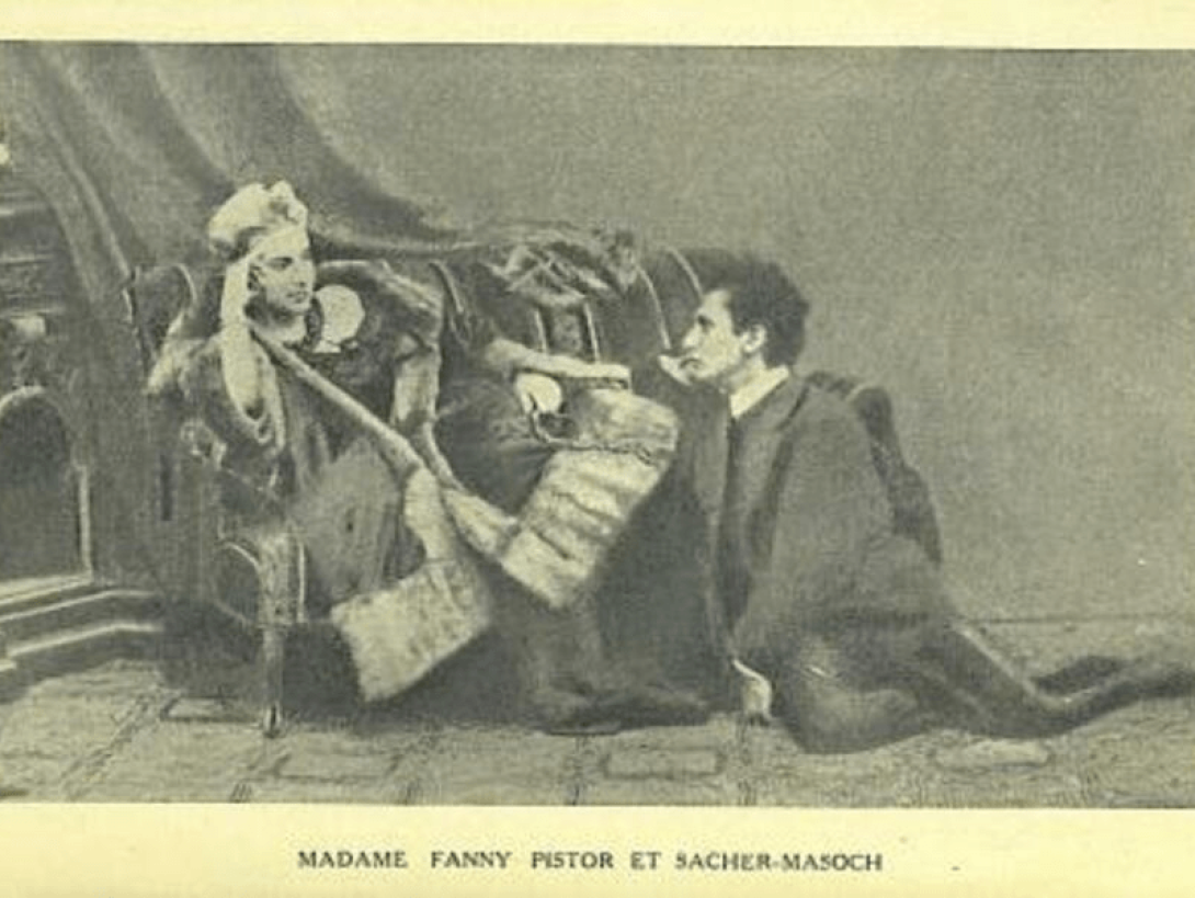 Imagen de Fanny Pistor y Leopold von Sacher-Masoch. Este último está sentado inclinado a los pies de la primera.