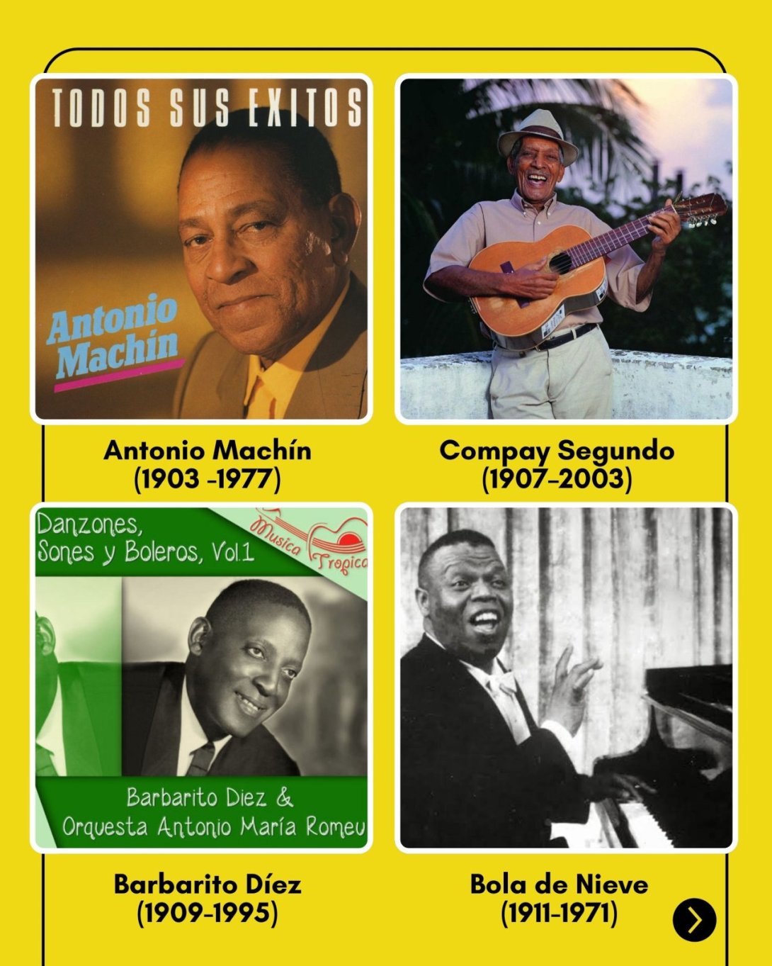 Cantantes cubanos. Machín, Compay, Barbarito, Bola de Nieve