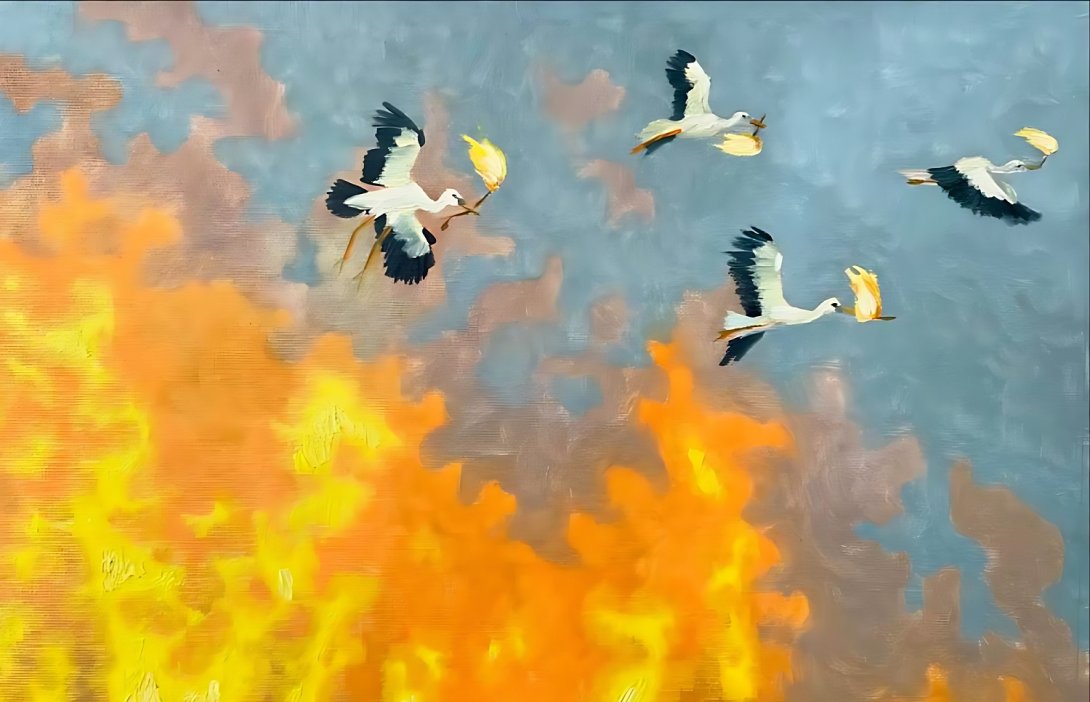 "Cigüenas traen fuego (sueño"), de 2024.