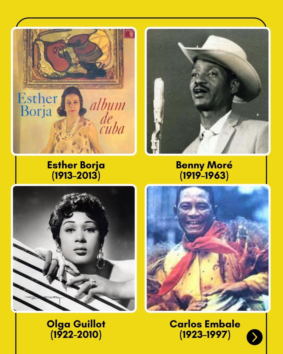 Cantantes cubanos. Borja, Benny, Olga Guillot, Carlos Embale