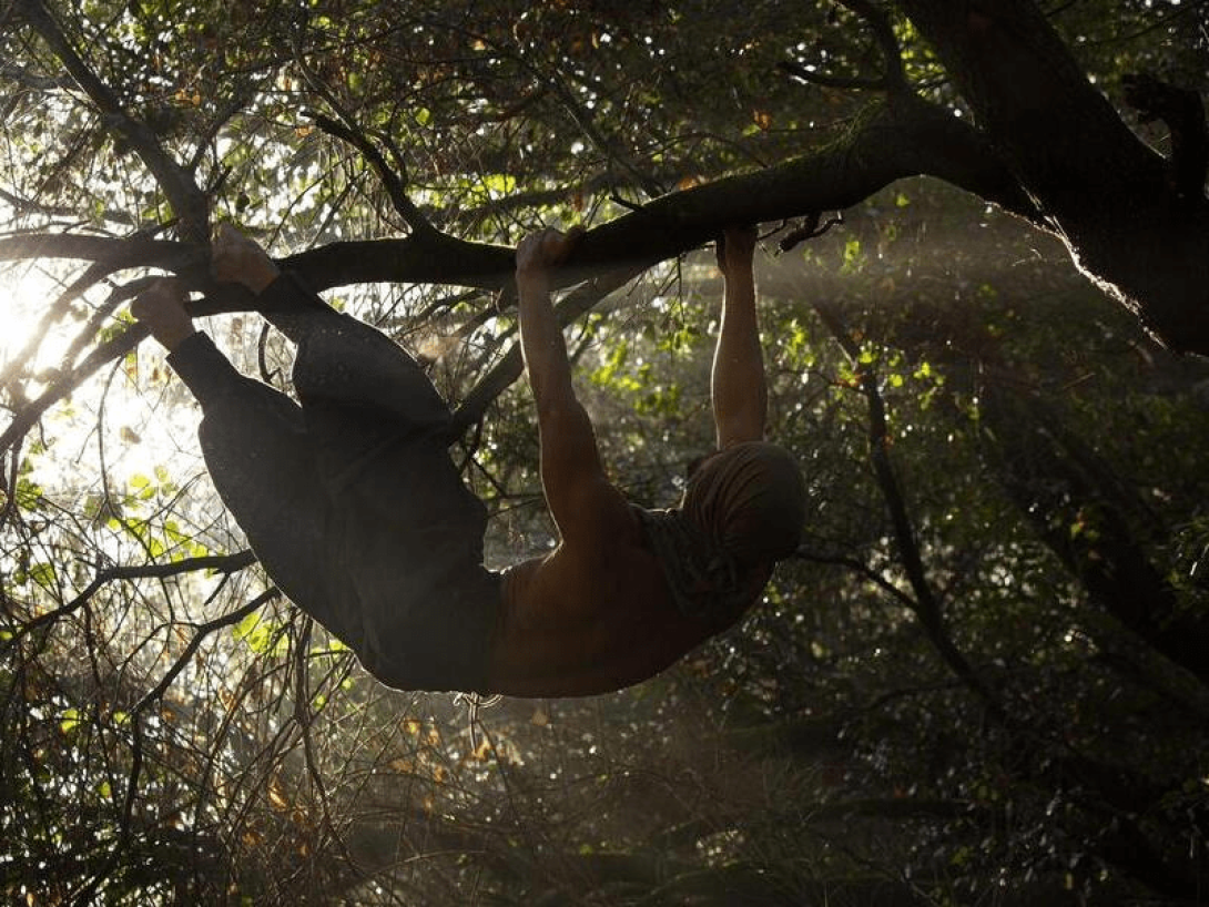 Hudden, creador de "Tarzan Movement" colgado de un árbol.