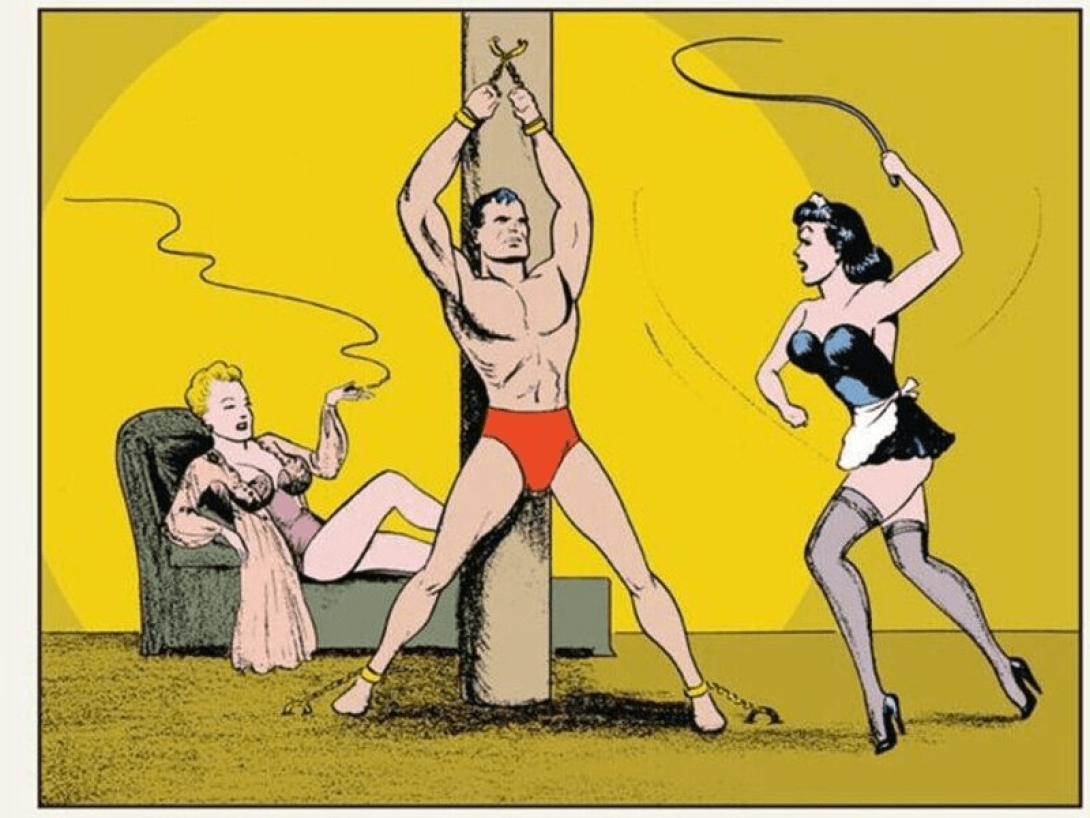 "Night of horror", comic de Joe Shuster: dos mujeres azotan a un hombre encadenado.