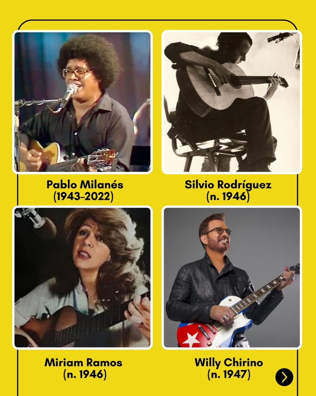 Cantantes cubanos. Milanés, Silvio, Miriam Ramos, Willy Chirino