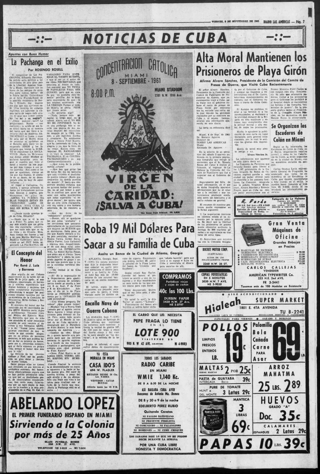 Anuncio de la misa a la Virgen de la Caridad del Cobre en Miami publicado en "Diario Las Américas" (8 de septiembre de 1961).