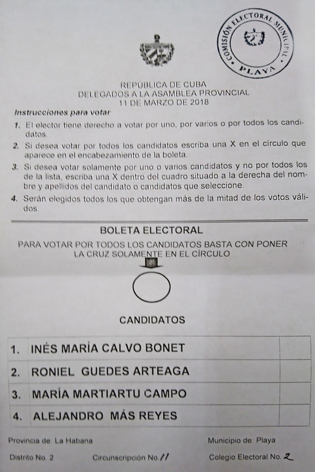 Boleta electoral Cuba 2018