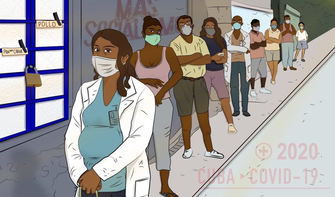 Dibujo de cola en Cuba Covid 19 mascarillas