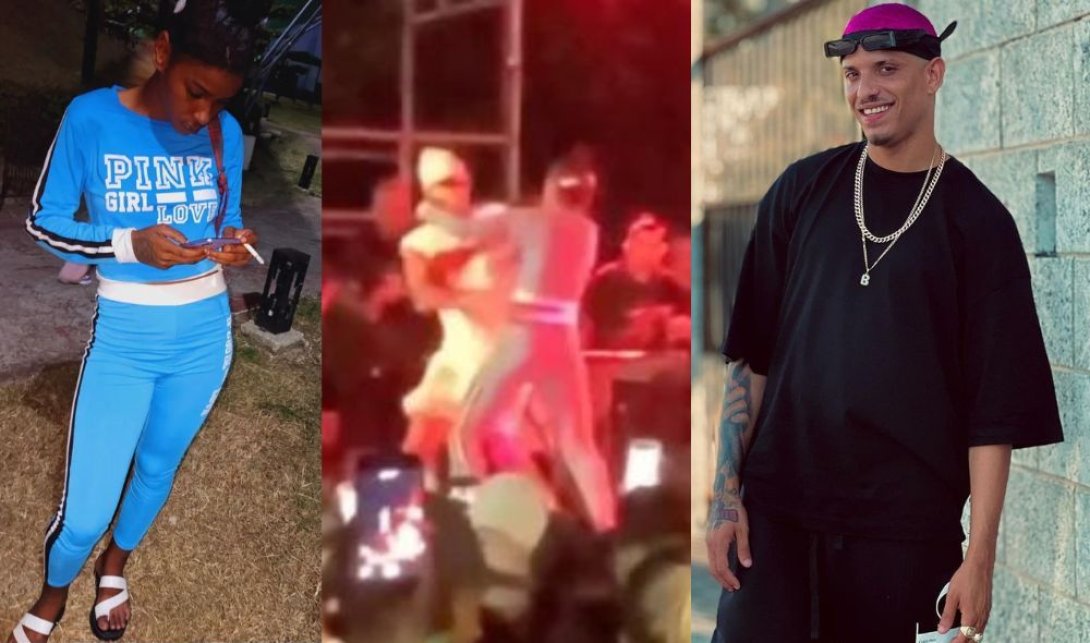 La joven agredida, el mometo en que se subió al escenario, y Bebeshito.