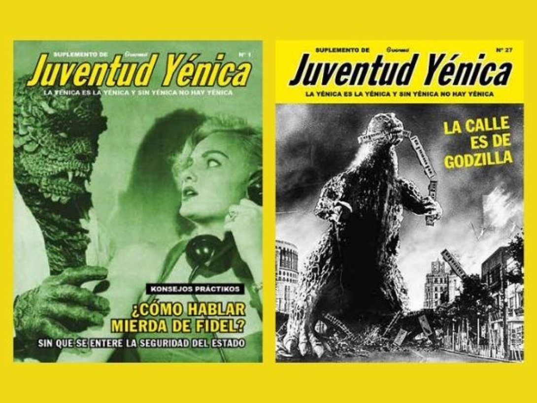 Portadas del suplemento satírico Juventud Yénica de Alen Lauzán. A la izquierda, parodia de cine de terror con Fidel Castro; a la derecha, Godzilla arrasa una ciudad bajo el título “La calle es de Godzilla”.