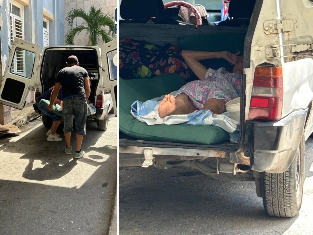 Traslado de una paciente anciana en una furgoneta destartalada, en el Hospital Ortopédico Docente Fructuoso Rodríguez (agosto de 2025). Foto: Cubanos por el Mundo.