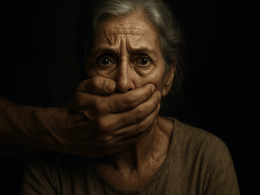 Imagen creada con IA que muestra una mujer de 76 años con la boca tapada por una mano ajena.