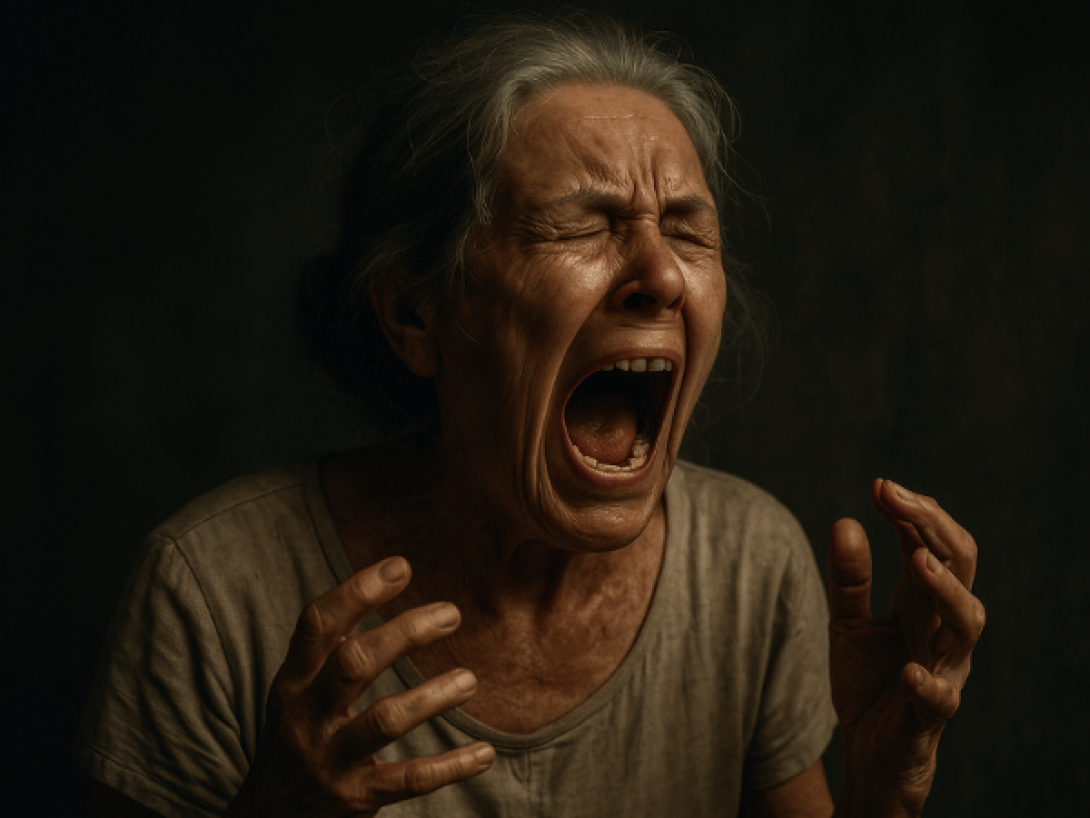 Imagen creada con IA que muestra una mujer de 76 años en un grito de dolor y frustración.
