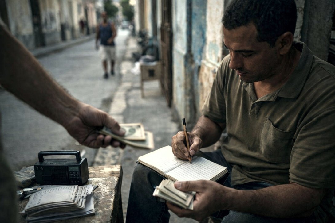 Escena inspirada en el juego de la bolita en los barrios de Cuba. Alguien hace una apuesta y un apuntador recoge el dinero.