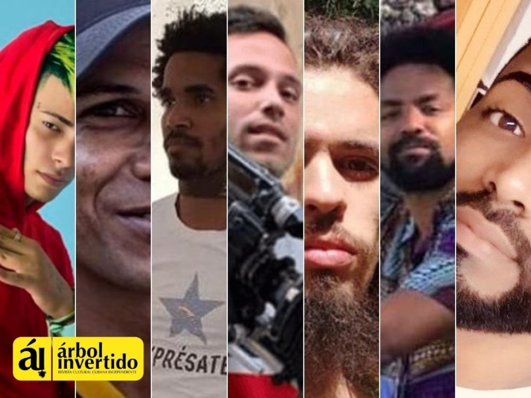 Collage siete artistas cubanos en prisión.