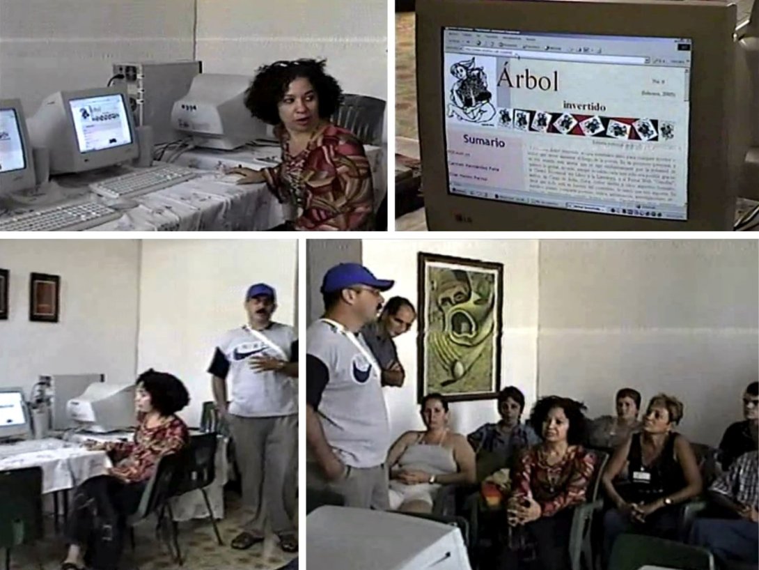 Collage de la presentación fundacional de Árbol Invertido en 2005: computadoras con el No. 0 de la revista, Ileana Álvarez explicando los contenidos, Francis Sánchez presentando el proyecto y público asistente en Ciego de Ávila. Cuba, 2005.