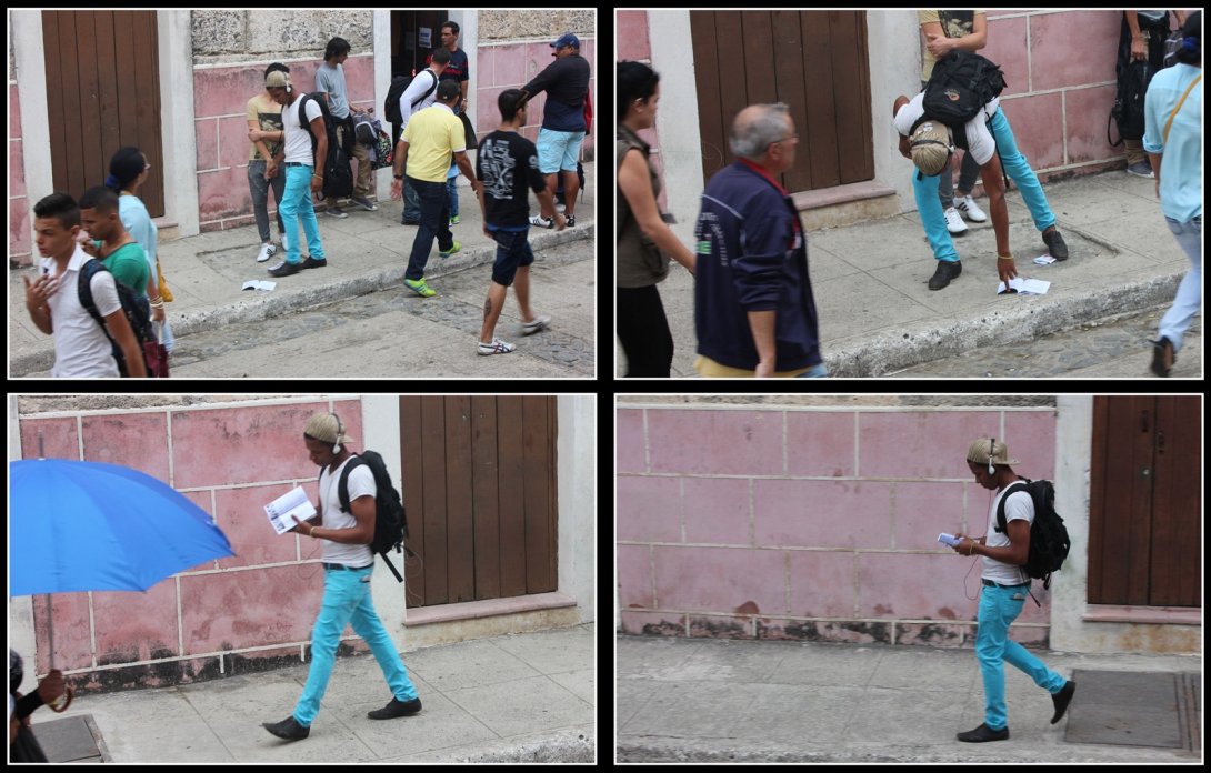 Secuencia de liberación de la revista Árbol Invertido. Un transeúnte encuentra un ejemplar, lo recoge y continúa su recorrido leyéndolo.