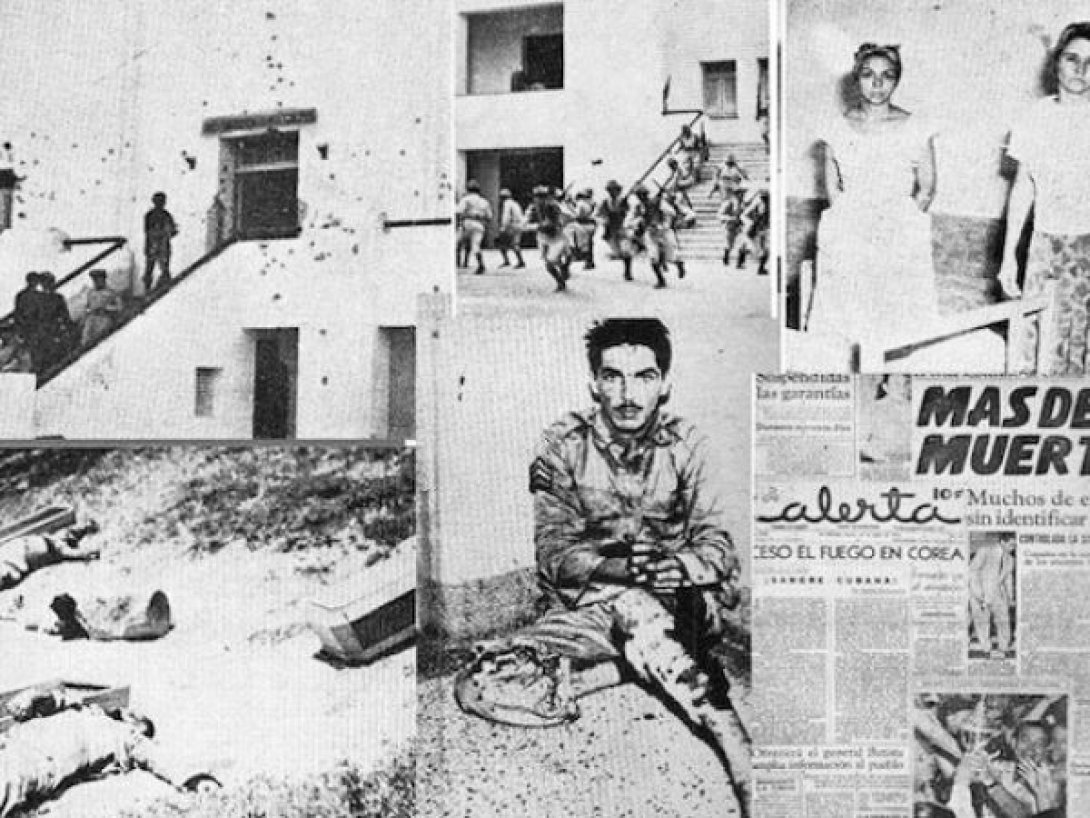 Fotomontaje del asalto al cuartel Moncada en Santiago de Cuba, con soldados abatidos, prisioneros y portadas de prensa sobre las decenas de muertos del fallido ataque.