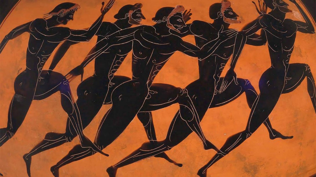 Atletas griegos, pintura en un ánfora de terracota griega.
