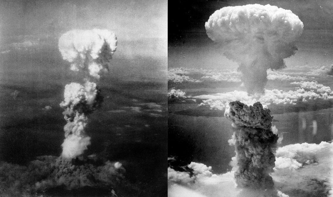 Nubes de hongo provocadas por las bombas atómicas lanzadas en Hiroshima (izquierda) y Nagasaki (derecha)