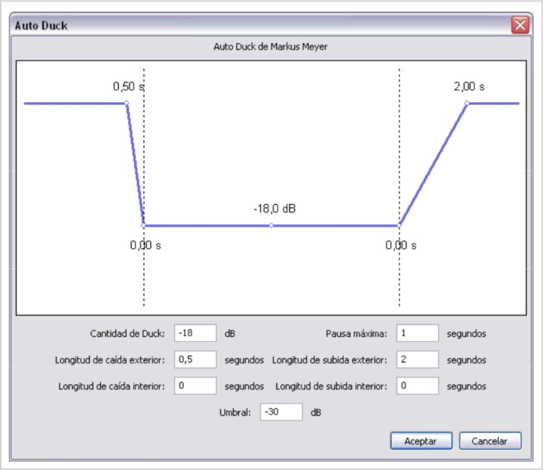 Pauta. Ventana de configuraciones en Audacity, valores predeterminados para el efecto "Auto Duck".