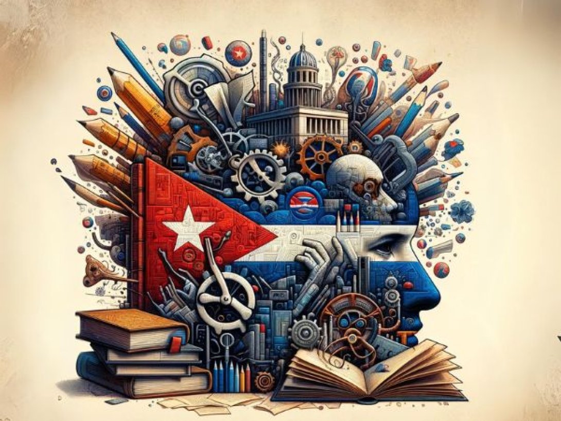 Libros, lápices y otros artículos "culturales" junto a la bandera cubana