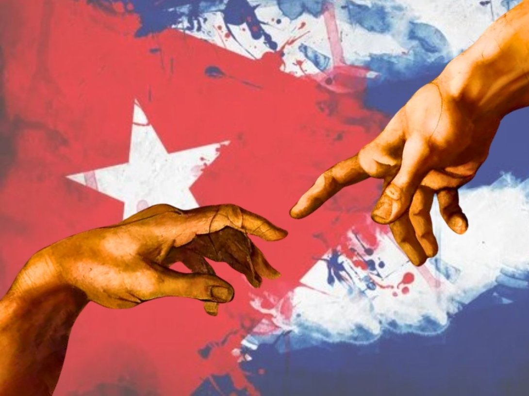 Bandera cubana y fragmento del fresco de Miguel Ángel en la Capilla Sixtina.