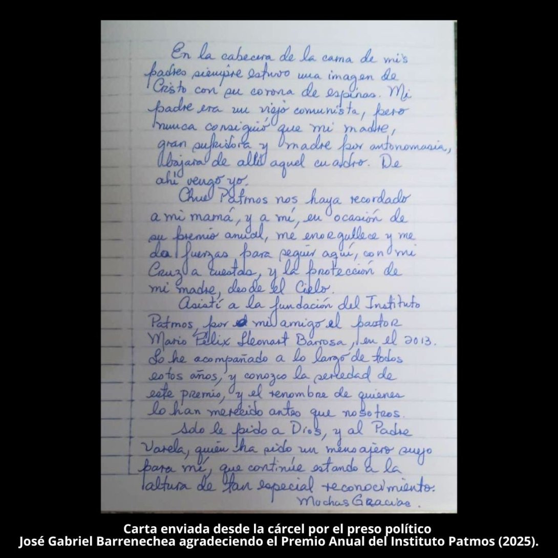 Carta enviada desde la cárcel por el preso político  José Gabriel Barrenechea agradeciendo el Premio Anual del Instituto Patmos (2025).