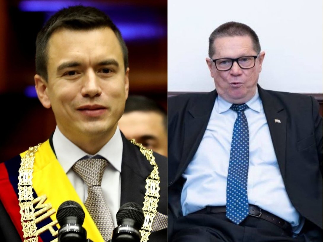 El presidente de Ecuador, Daniel Noboa, y el ex embajador de Cuba en Ecuador, Basilio Antonio Gutiérrez.