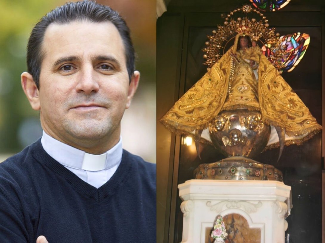 Sacerdote cubano Bladimir Navarro y la Virgen de la Caridad de Cobre.