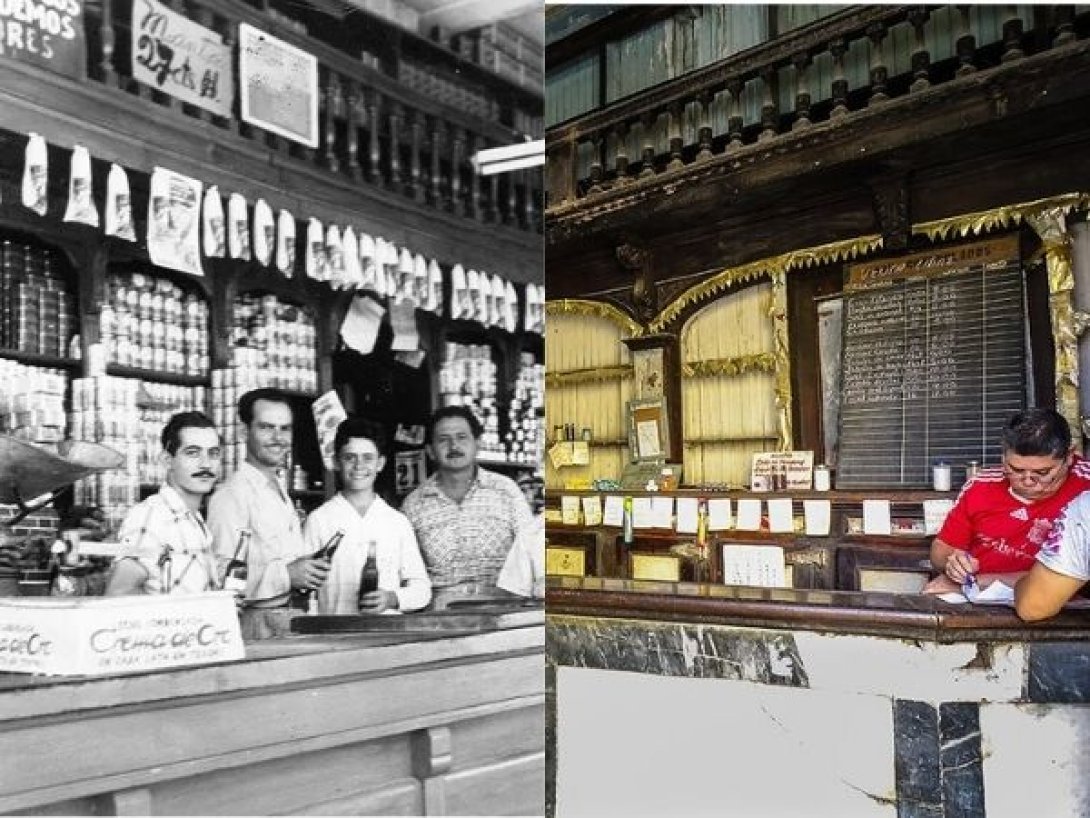 Comparación entre una bodega cubana antes de 1959, con estantes llenos y atención variada, y una bodega actual marcada por el racionamiento y la libreta de abastecimiento.