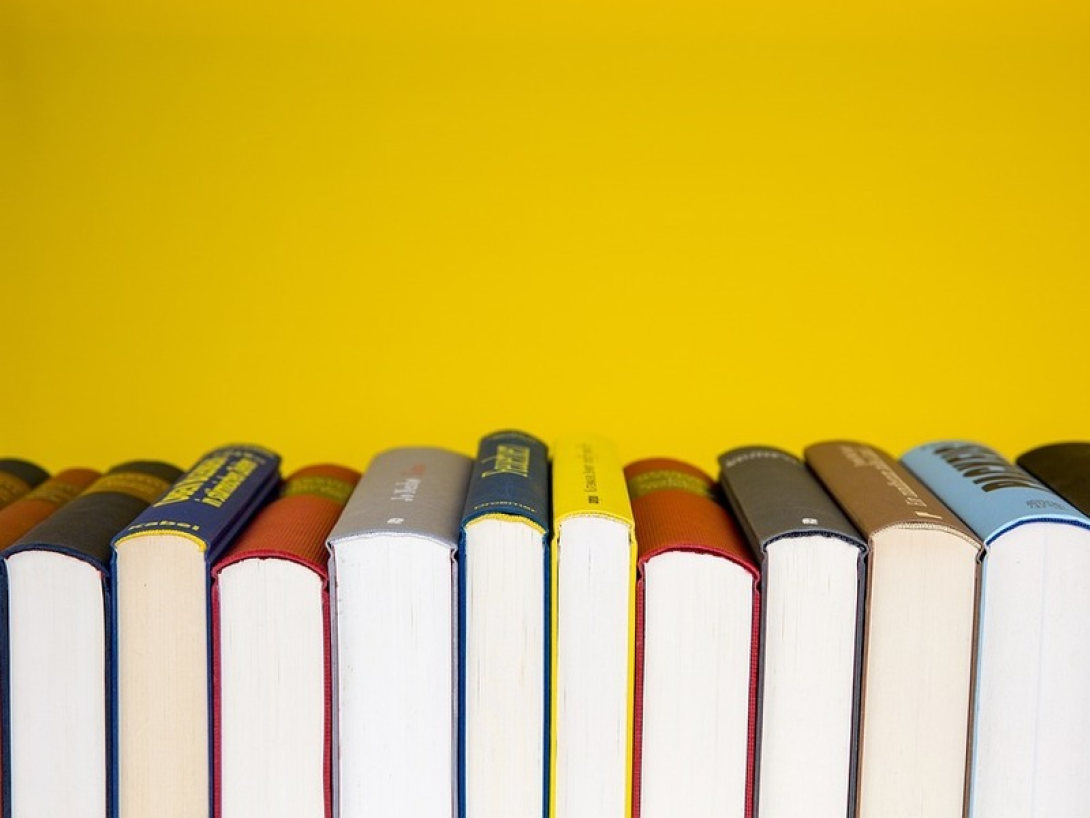 Libros agrupados. Detrás, una pared amarilla.