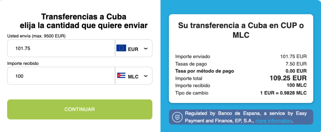 Calculadora de Fonmoney mostrando los cargos por enviar 100 euros a Cuba