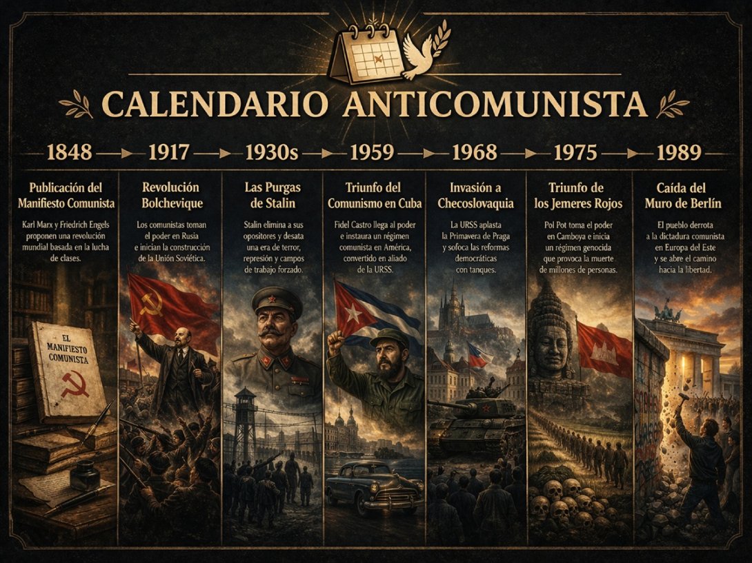 Calendario anticomunista. Línea del tiempo de eventos relacionados con el comunismo, desde 1848 (Manifiesto Comunista) hasta la caída del Muro de Berlín en 1989.