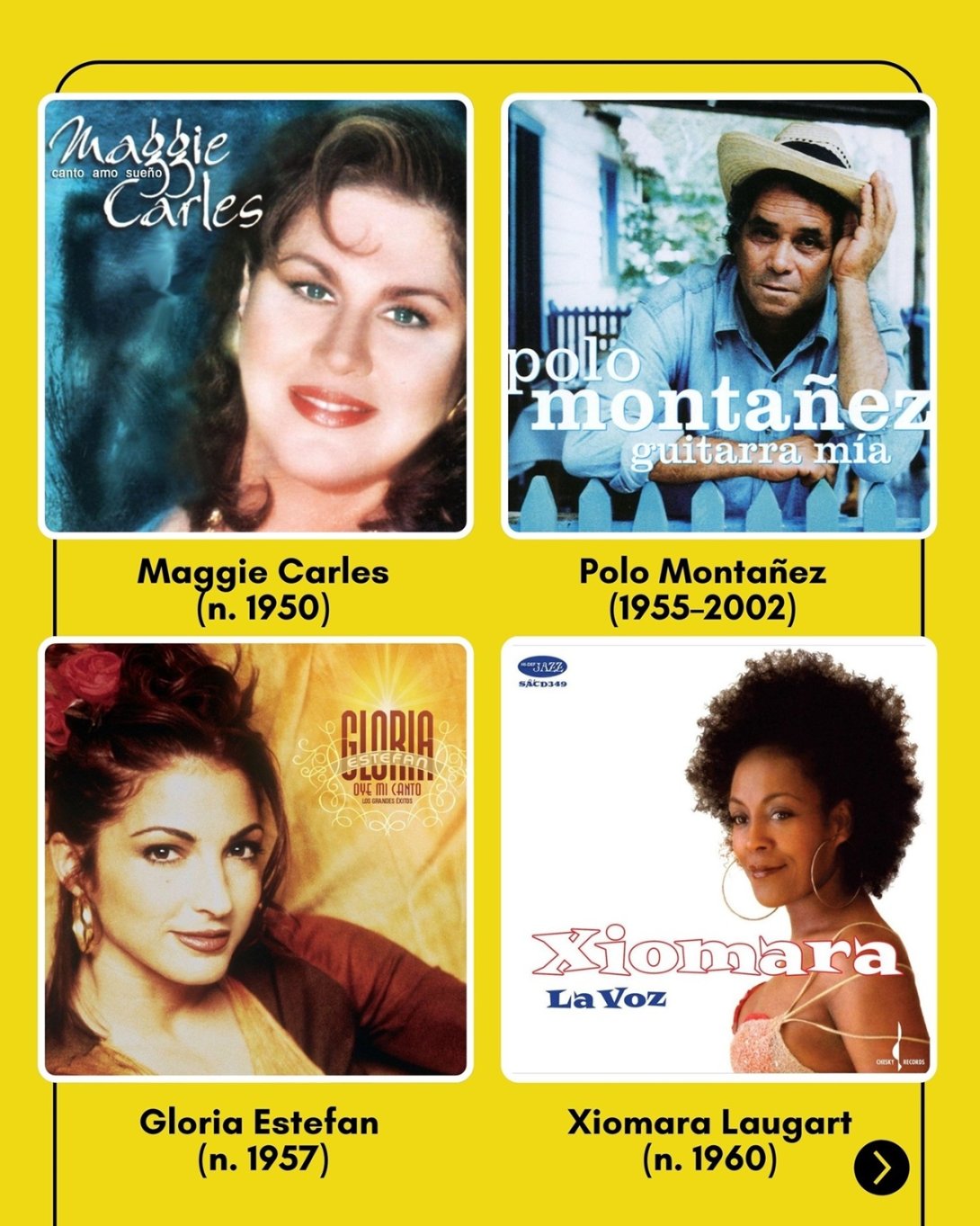 Cantantes cubanos. Maggie Carlés, Polo Montañez, Gloria Estefan, Xiomara Laugart