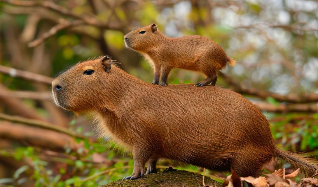Dos capibaras, uno montado encima de otro. El roedor gigante