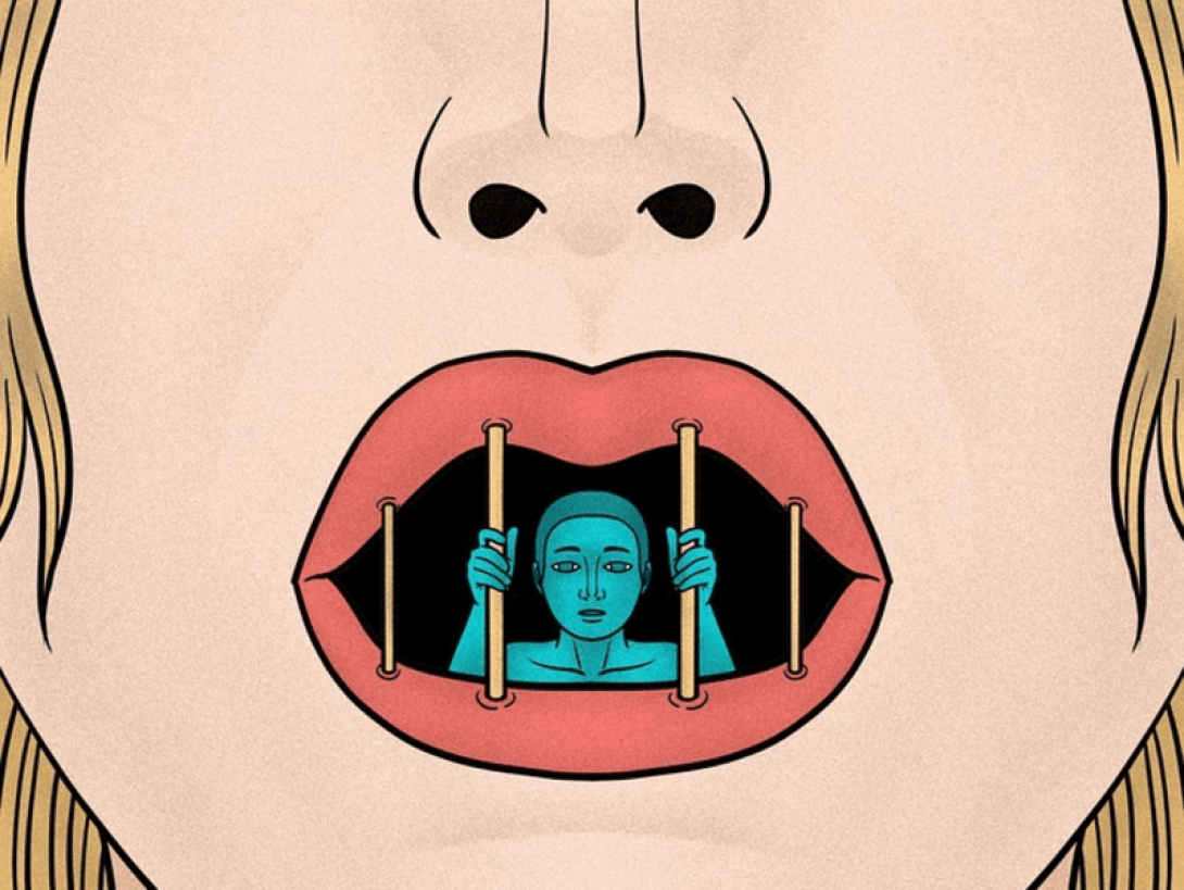 Ilustración: persona encarcelada en la boca de otra persona.