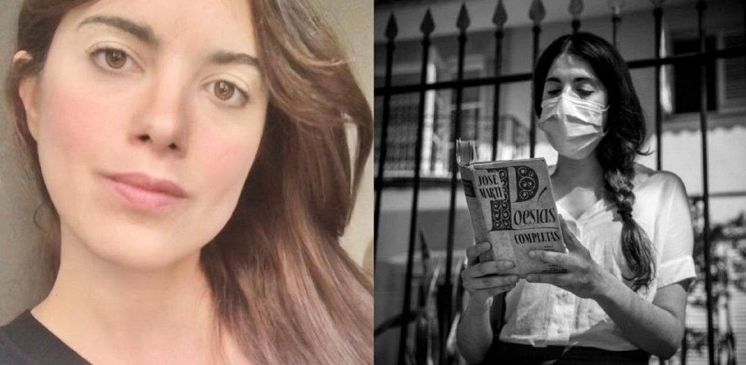 Carolina Barrero. Leyendo poesía de José Martí frente al Ministerio de Cultura de Cuba.