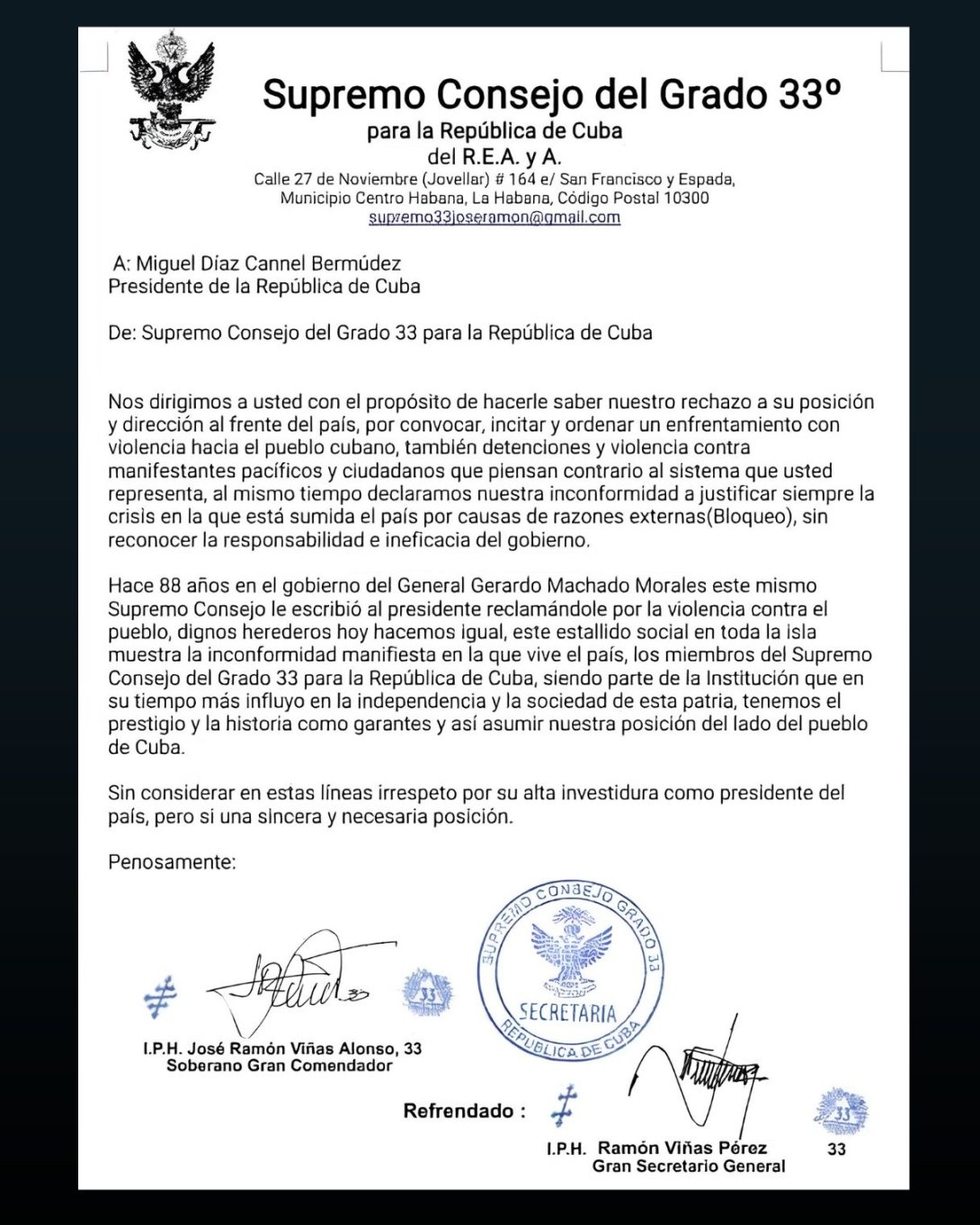 Carta del Supremo Consejo del Grado 33 para la República de Cuba a Miguel Díaz-Canel (2021).
