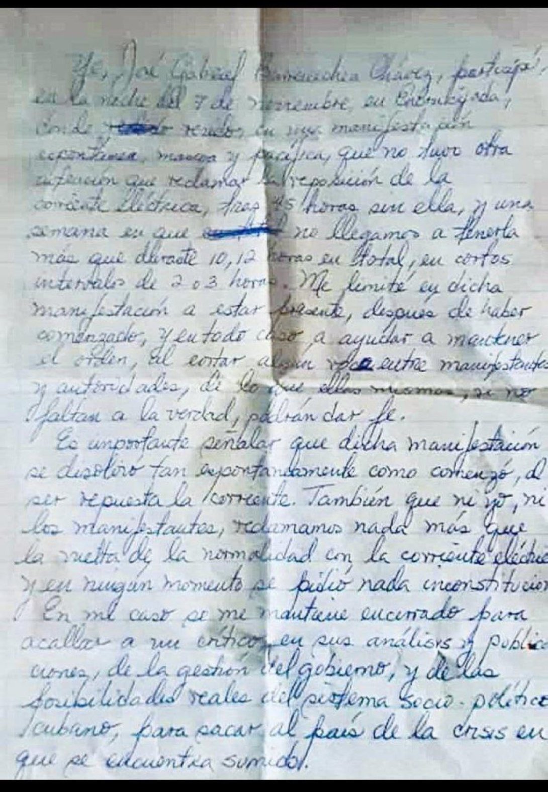 Carta de José Gabriel Barrenechea desde prisión.