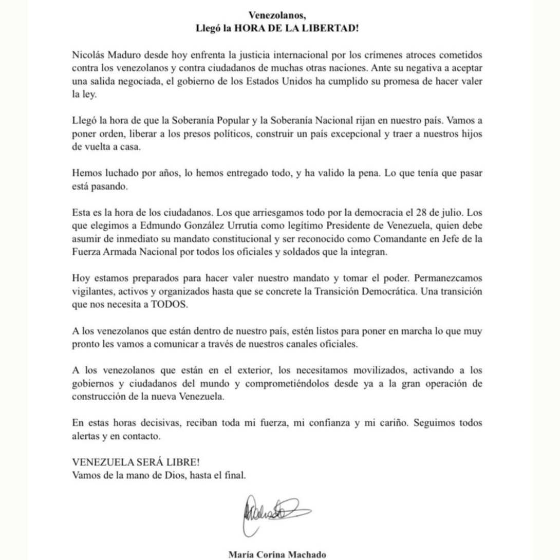 Carta de María Corina Machado al pueblo venezolano (3 de enero de 2026).