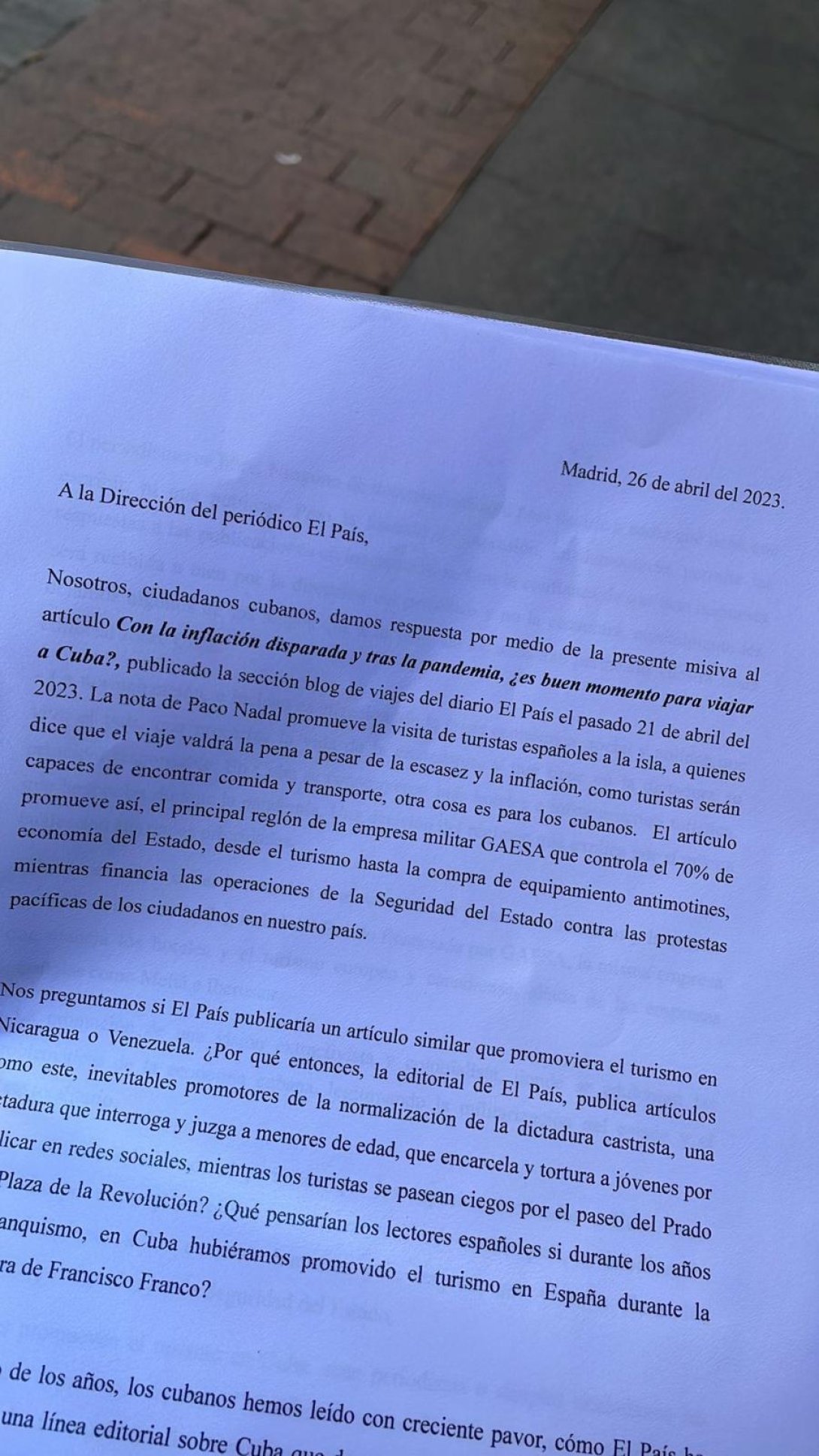 Carta entregada por activistas cubanos al diario español El País.