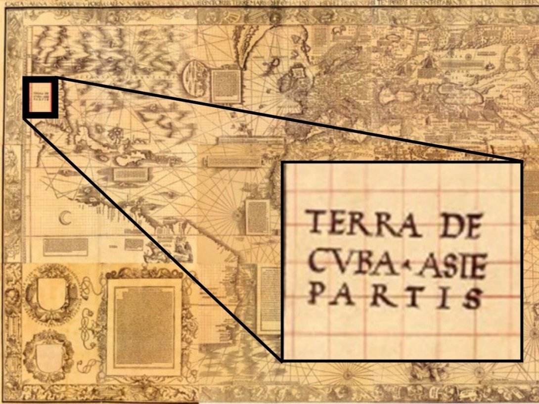  Carta marina de 1516 del cartógrafo alemán Martin Waldseemüller, en la que el territorio que sería después Estados Unidos aparece nombrado como "Terra de Cvba". 